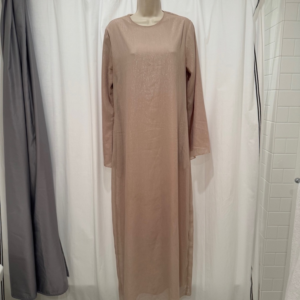 Elegant Tan Shimmer Long Sleeve Dress
